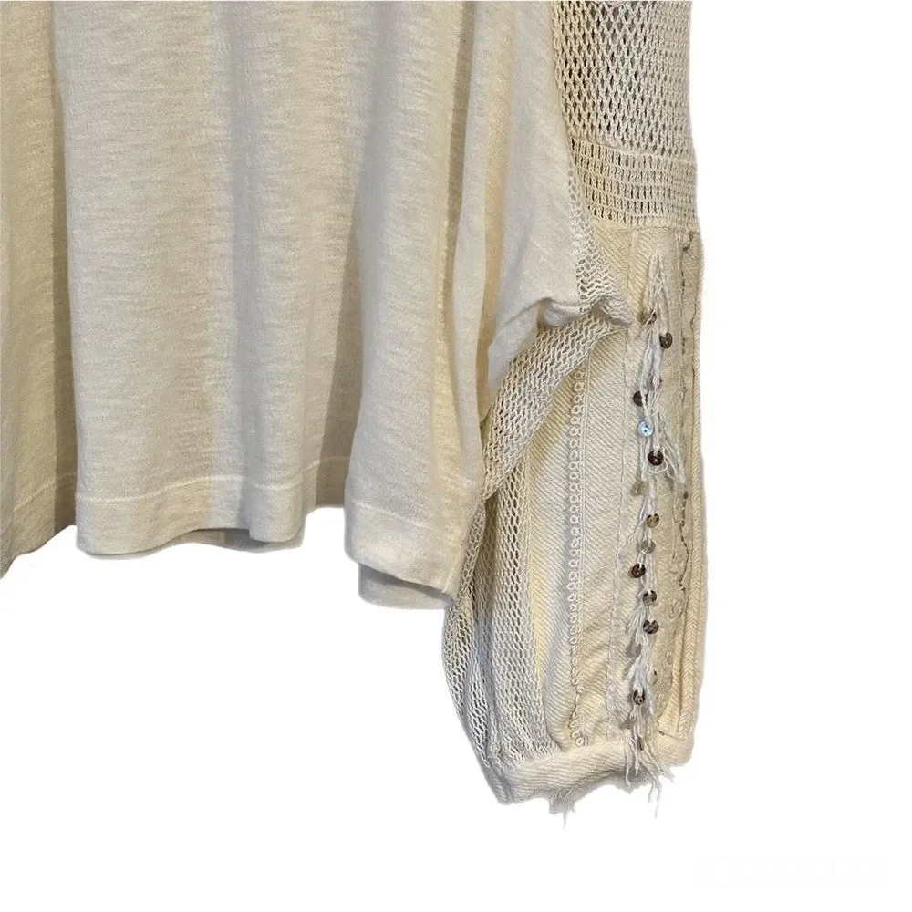 Free People Marrakech Long Sleeve Crochet Embellished Boho Ivory Top Size S